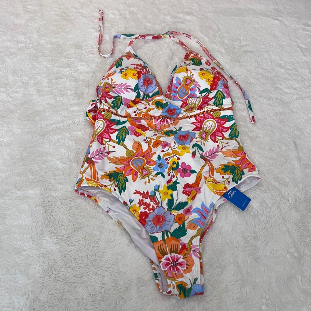 Cupshe Womens Floral Halter One Piece Swimsuit Multi Color Size Medium NWT